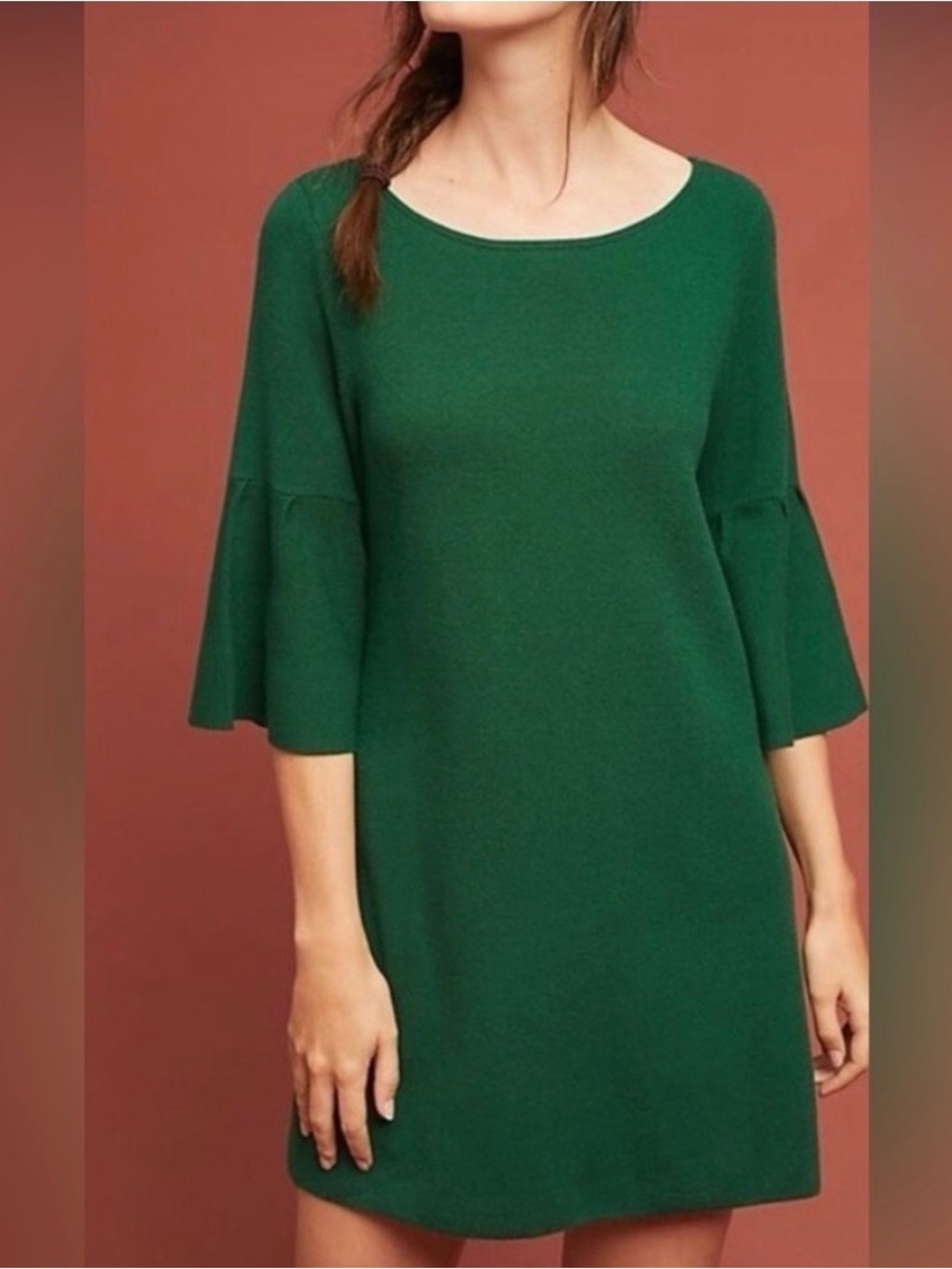 Anthropologie Emerald Green Bell-Sleeve Shift Dress